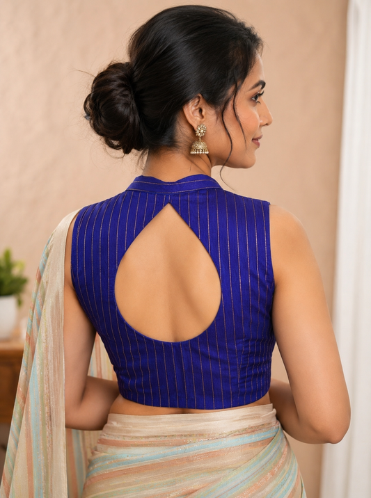 Woman wearing a blue blouse with a cut-out design on a beige background