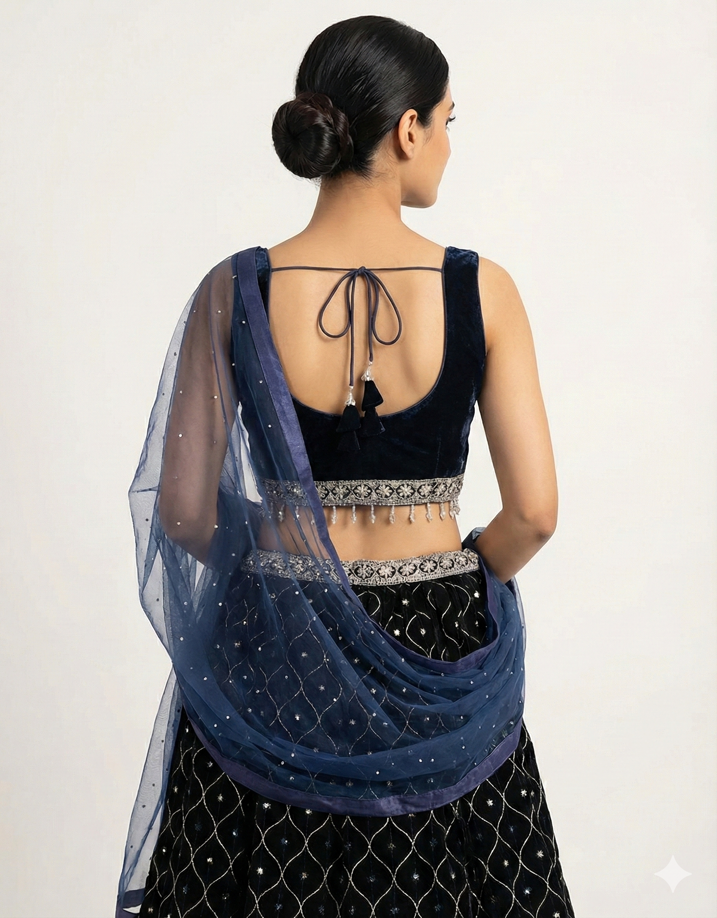 Midnight Blue Velvet Lehenga Choli with Silver Floral Embroidery
