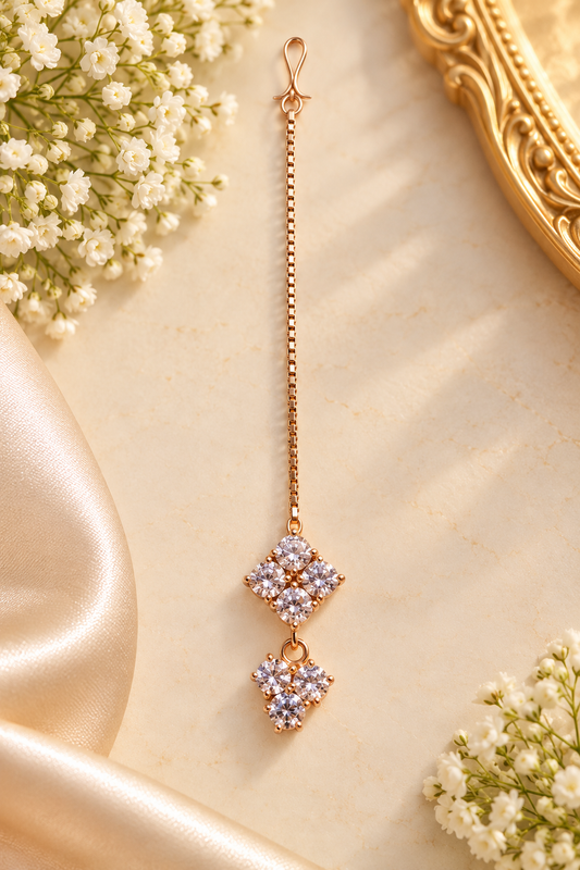 Rose Gold Crystal Maang Tikka – Elegant Indian Festive Jewellery