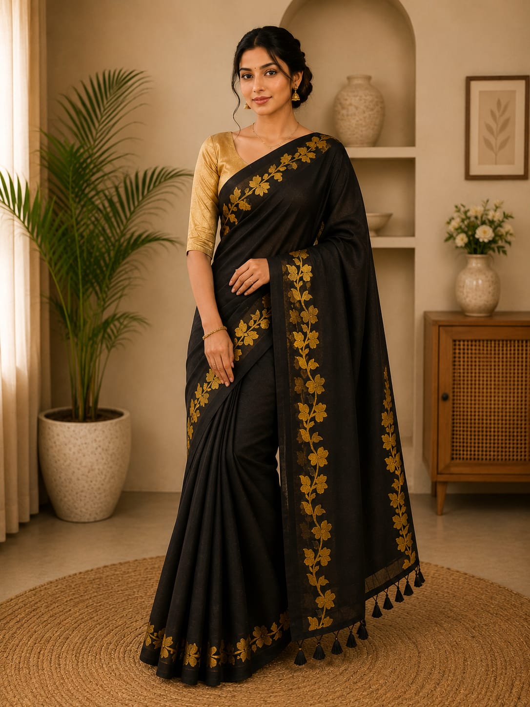 Jet Black Mul Cotton Saree with Golden Floral Vine Border