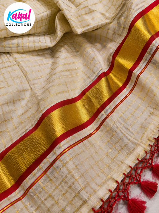 Close-up of a saree with gold and red border, brand 'Kanal Collections' visible.