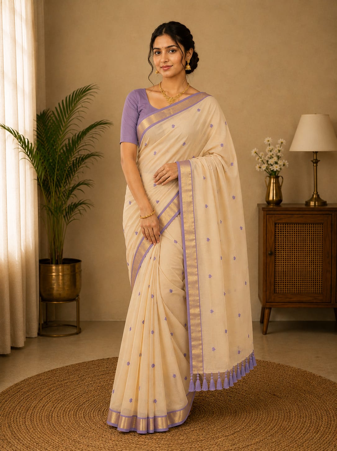 Beige Mul Cotton Saree with Lavender Clover Buttas