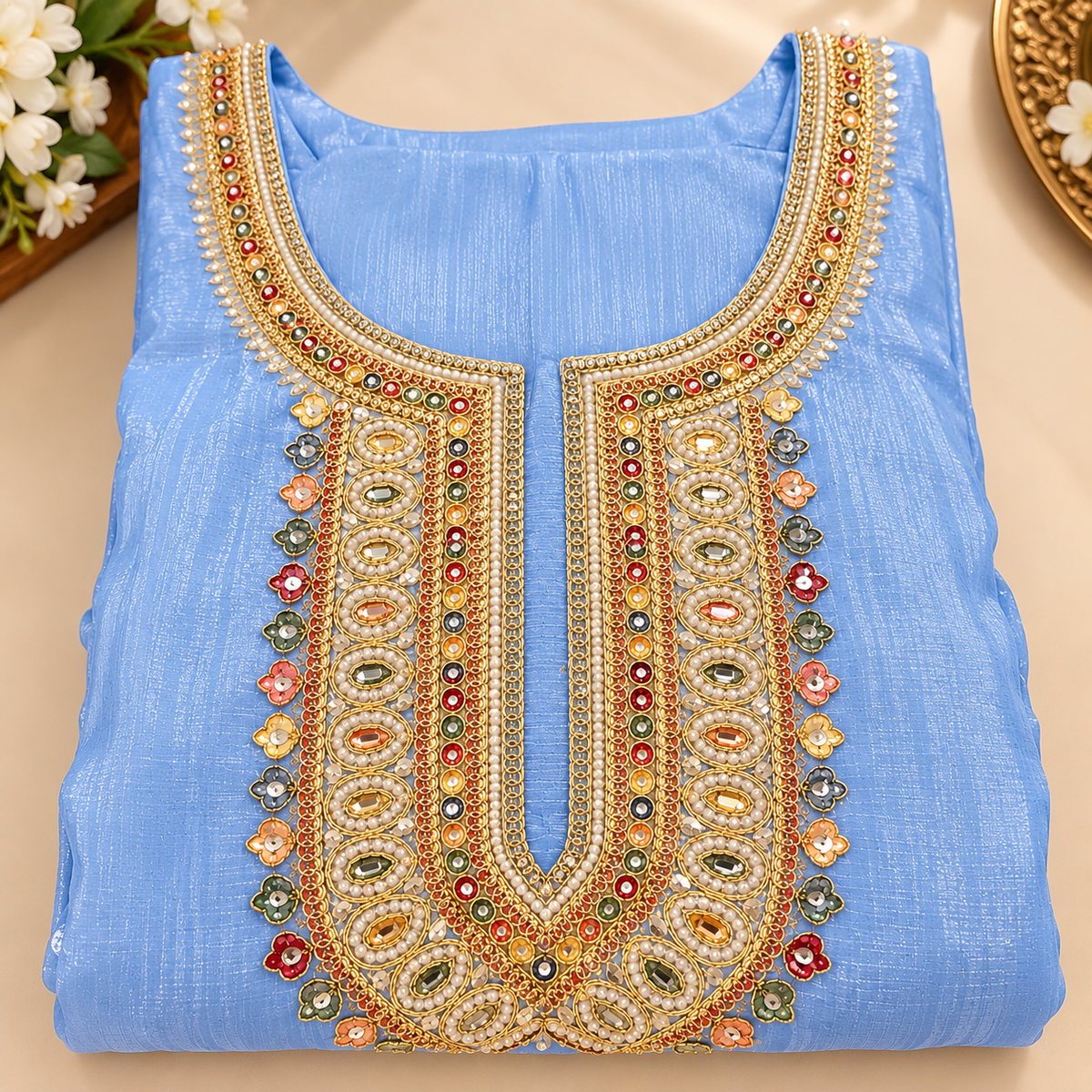 Elegant Pastel Blue Embroidered Top+Skirt Suit – L & XL