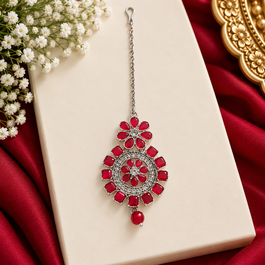 Red and Silver Floral Maang Tikka – Indian Bridal Jewellery