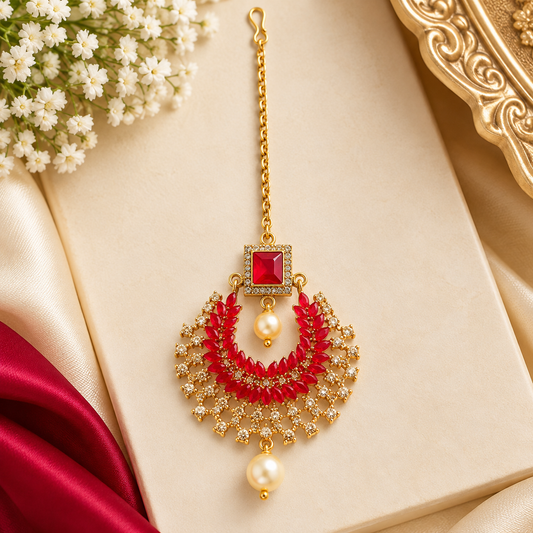 Red and Gold Maang Tikka with Pearl Drops – Bridal Jewellery