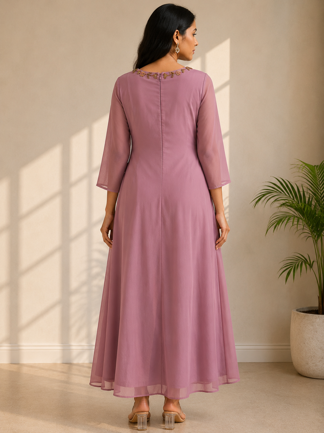 Charming Mauve Georgette Kurti with Elegant Bugle Bead Hand Work