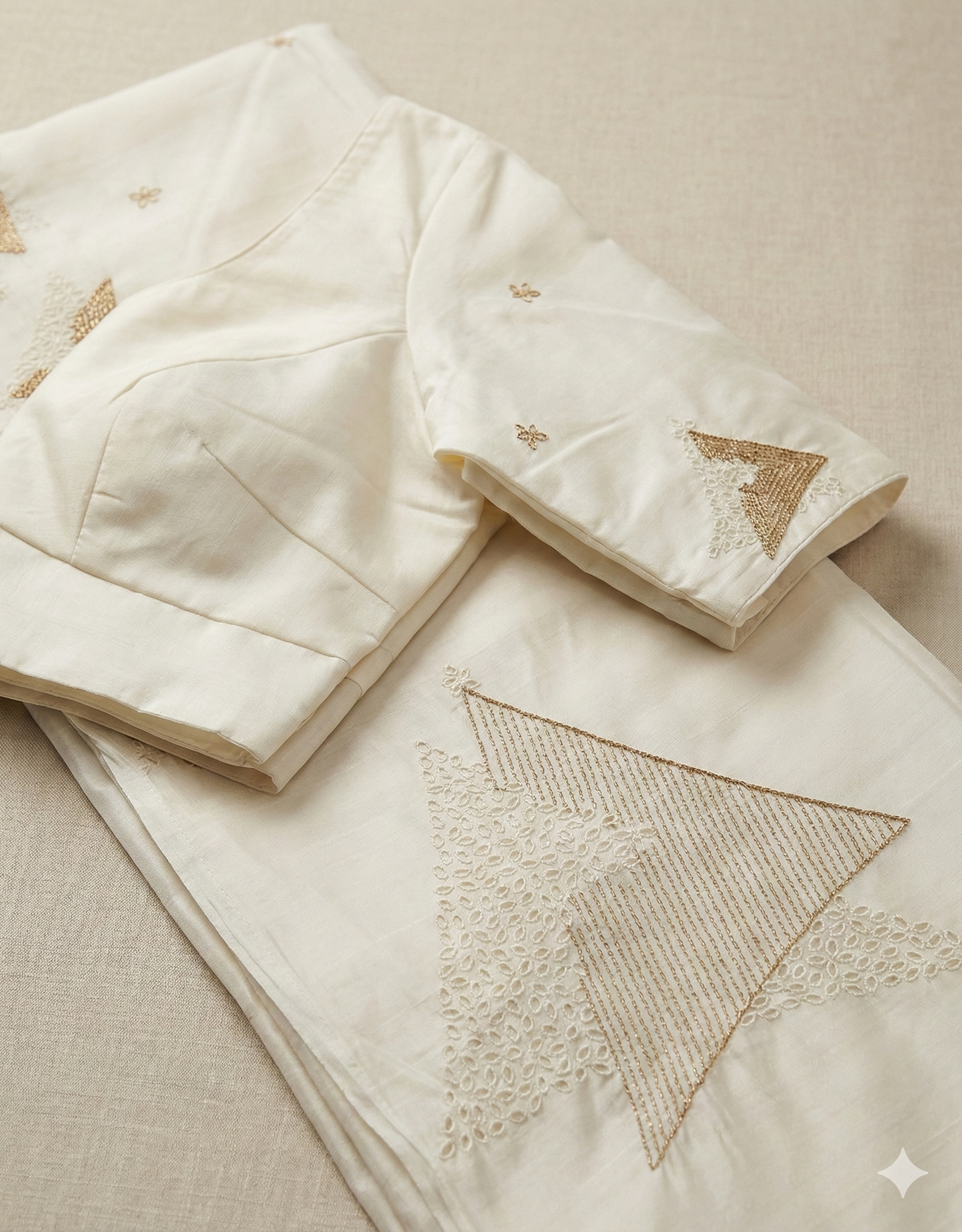 Pristine White Cotton Silk Saree with Geometric Cutwork & Zari Embroidery and Stitched Blouse