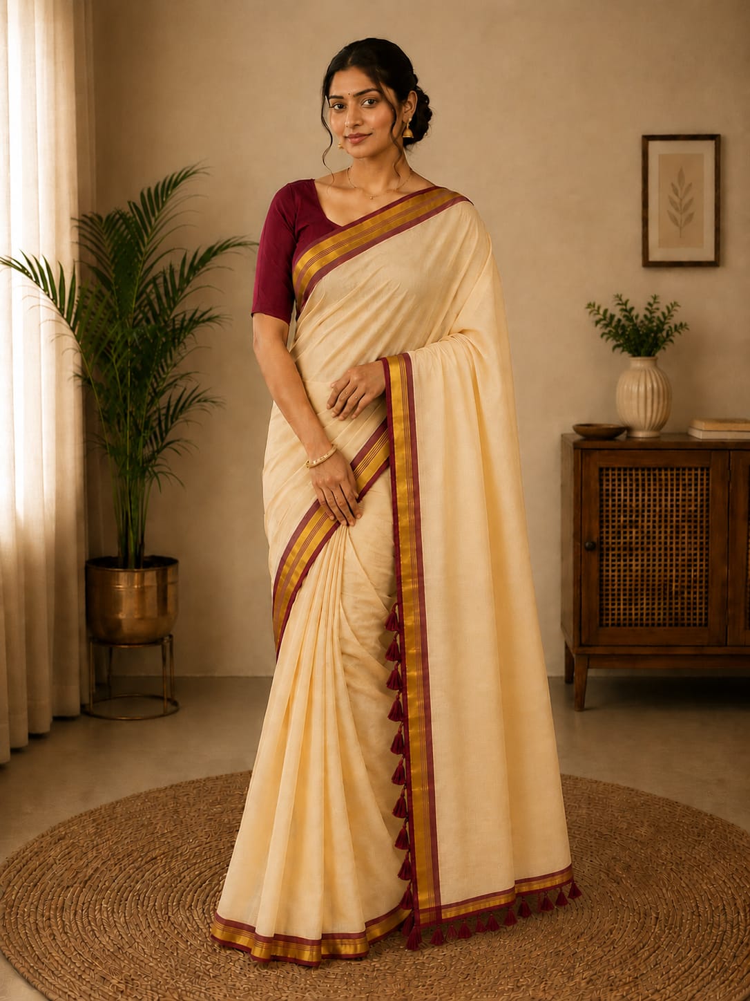 Beige Mul Cotton Saree with Maroon Border