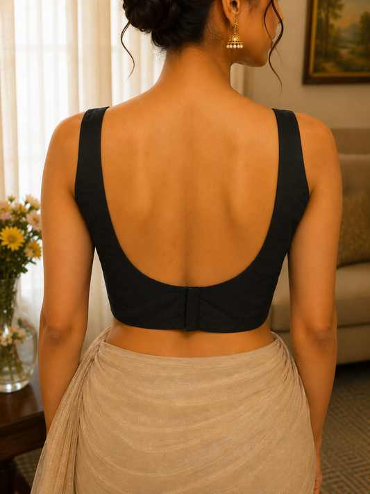 Jet Black Solid Cotton Silk Padded Sleeveless Blouse