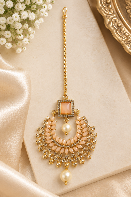 Peach Stone Gold Maang Tikka with Pearl Drops – Bridal Jewellery