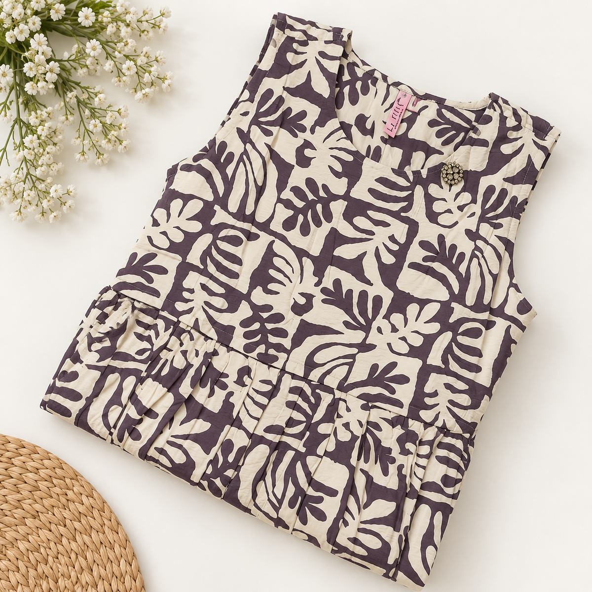 Purple & Cream Printed Sleeveless Midi Dress