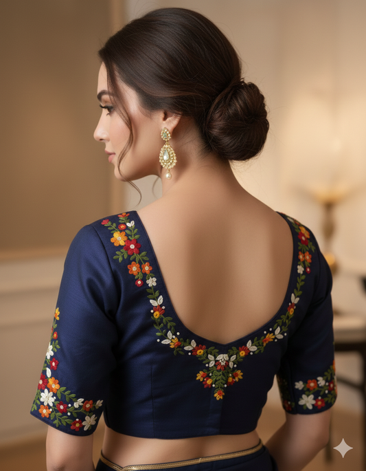 Midnight Blue Floral Embroidered Festive Blouse (Size 40+ Margin)
