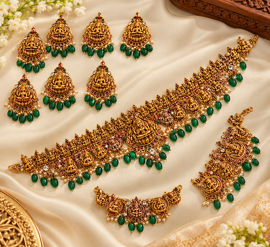 South Indian Temple Bridal Jewellery Set – Antique Gold with Green Beads