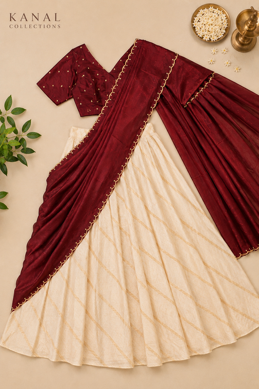 Maroon Kerala Half Saree (Dhavani) with Cream Flared Skirt | Kanal Collections Australia