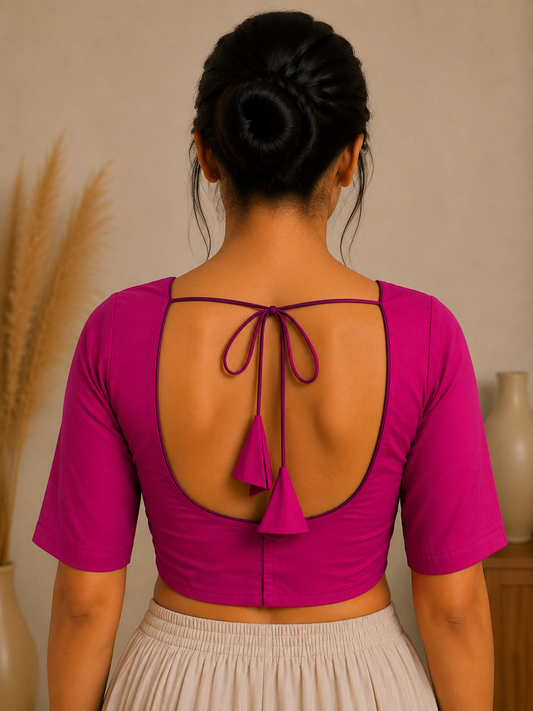 Vibrant Magenta Cotton Saree Blouse – Sweetheart Neck & Open Tie-Back