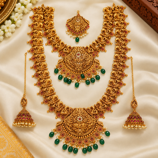 Traditional Gold-Tone Temple Bridal Jewellery Set with Green Beads & Ruby Accents