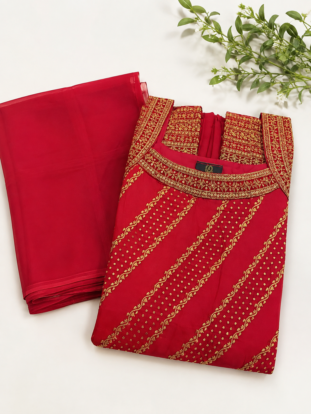 Girls Red Embroidered Palazzo Set with Choker Dupatta