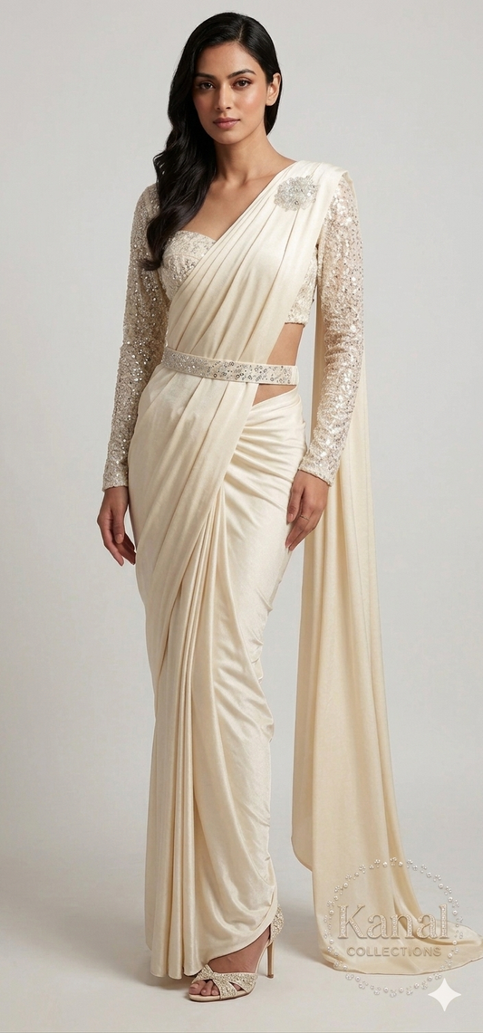 Elegant Cream Sequin "One-Minute" Ready-to-Wear Saree