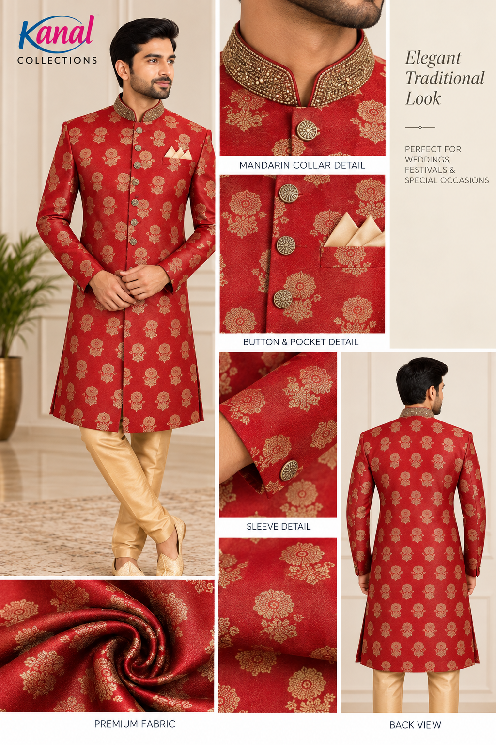 Men’s Red & Gold Sherwani Set with Gold Pants | Indian Wedding & Festive Wear
