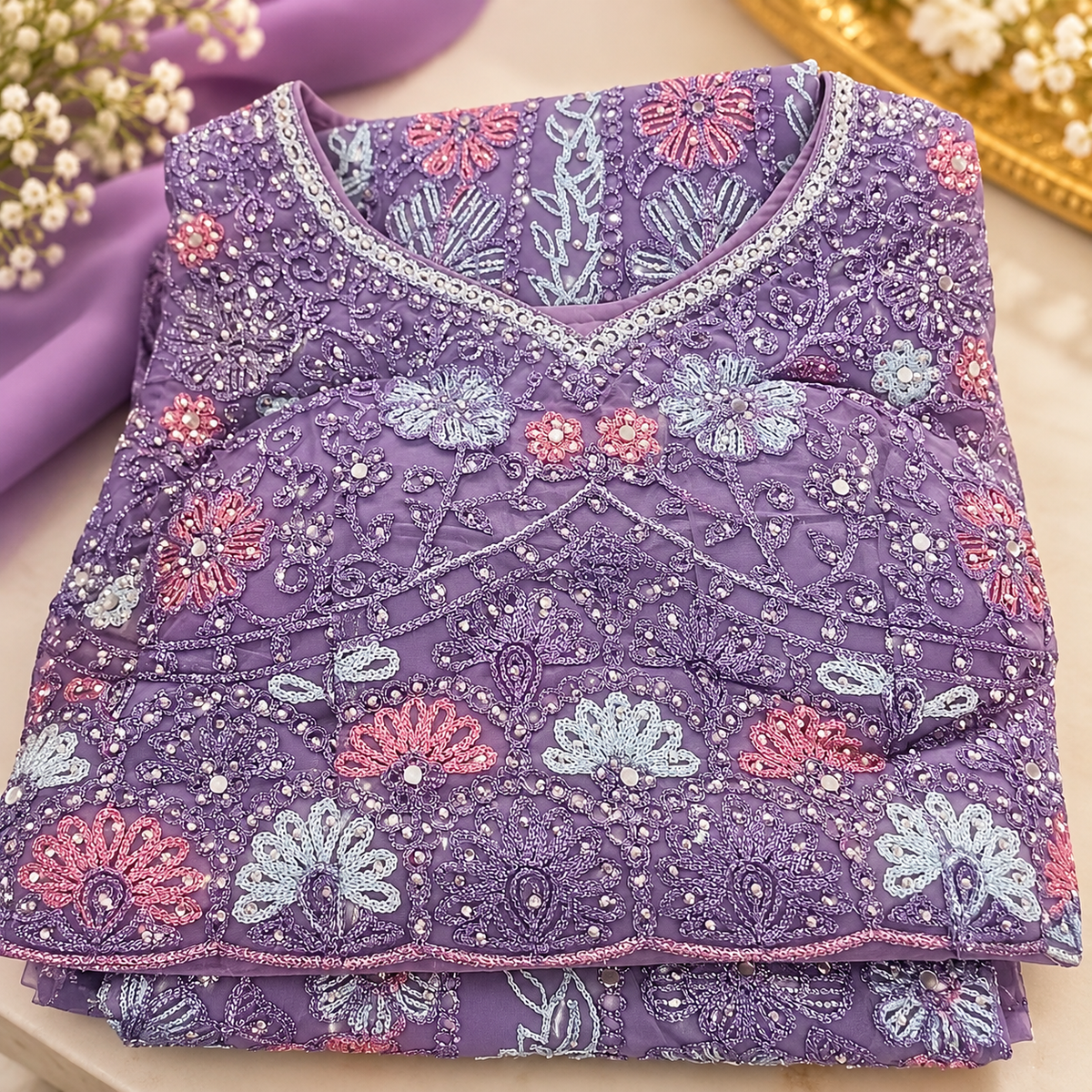 Lavender Embroidered Lehenga Choli Set with Dupatta | Floral Sequin & Beaded Work