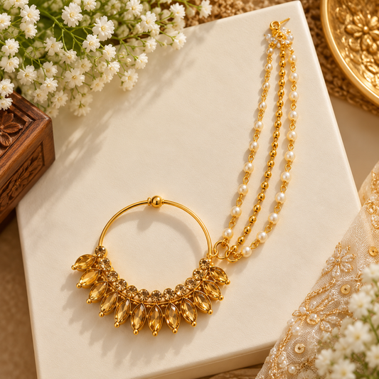 Gold-Tone Bridal Nath with Amber Stones and Pearl Chains