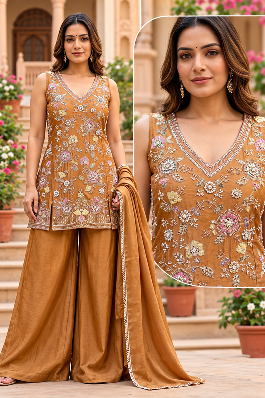 Mustard Gold Embroidered Designer Kurta Set – Sizes L & XL