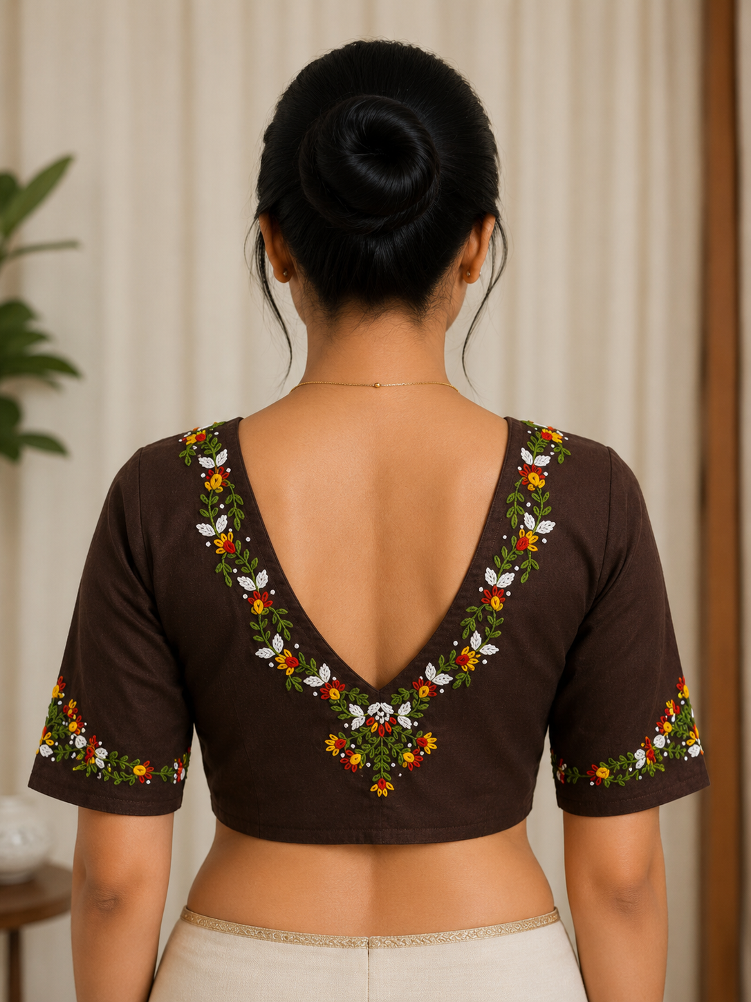 Espresso Brown Embroidered Cotton Blouse