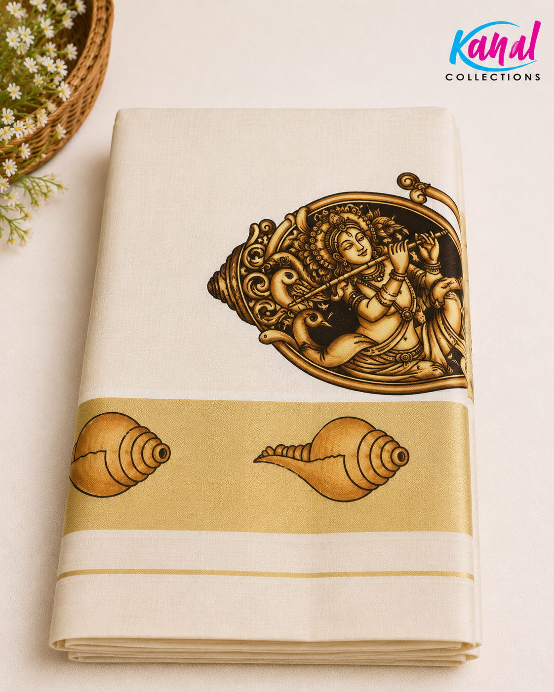 Traditional Kerala Kasavu Onam Saree with Krishna Mural Print & Golden Border