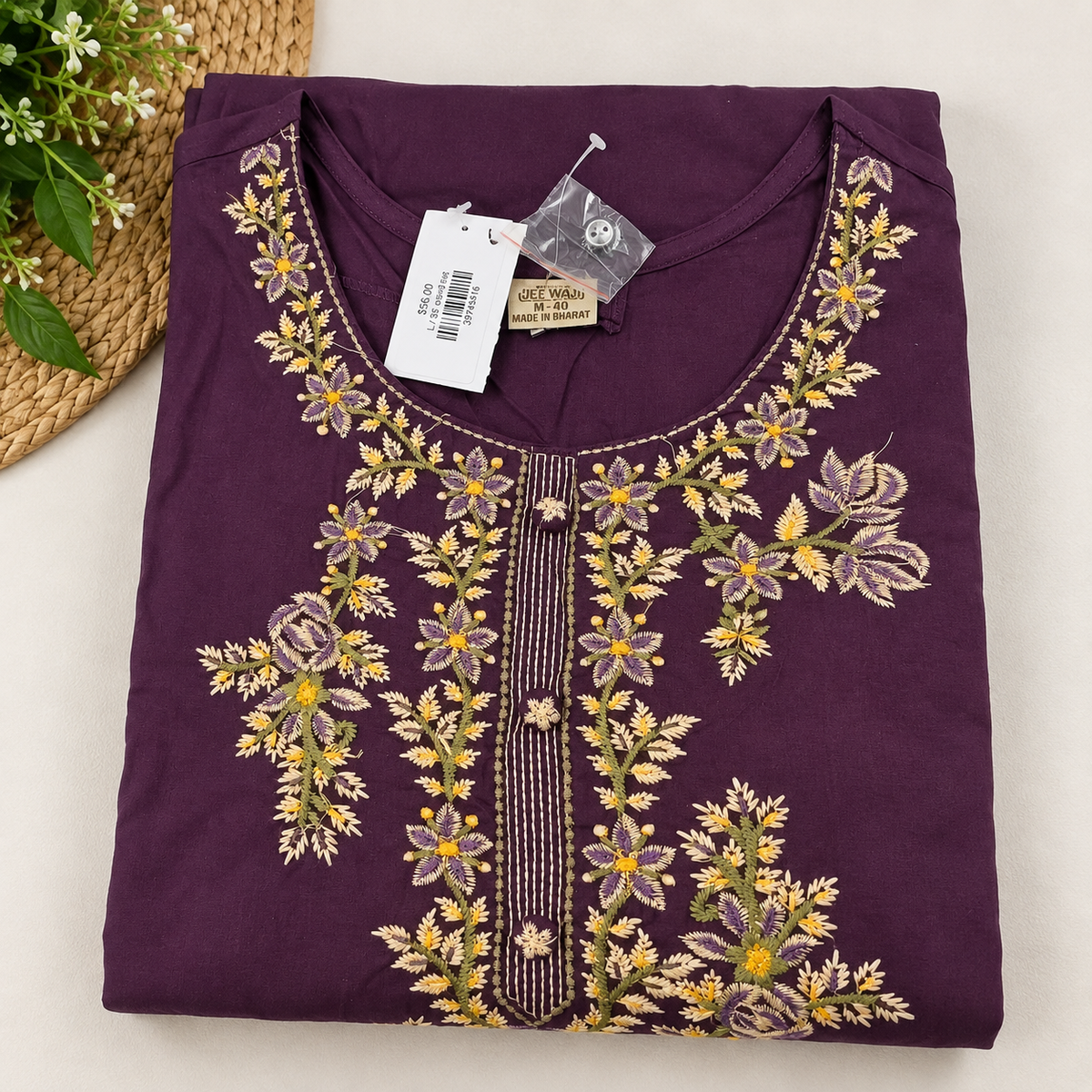 Deep Purple Embroidered Cotton Co-ord Set with Designer Sleeves