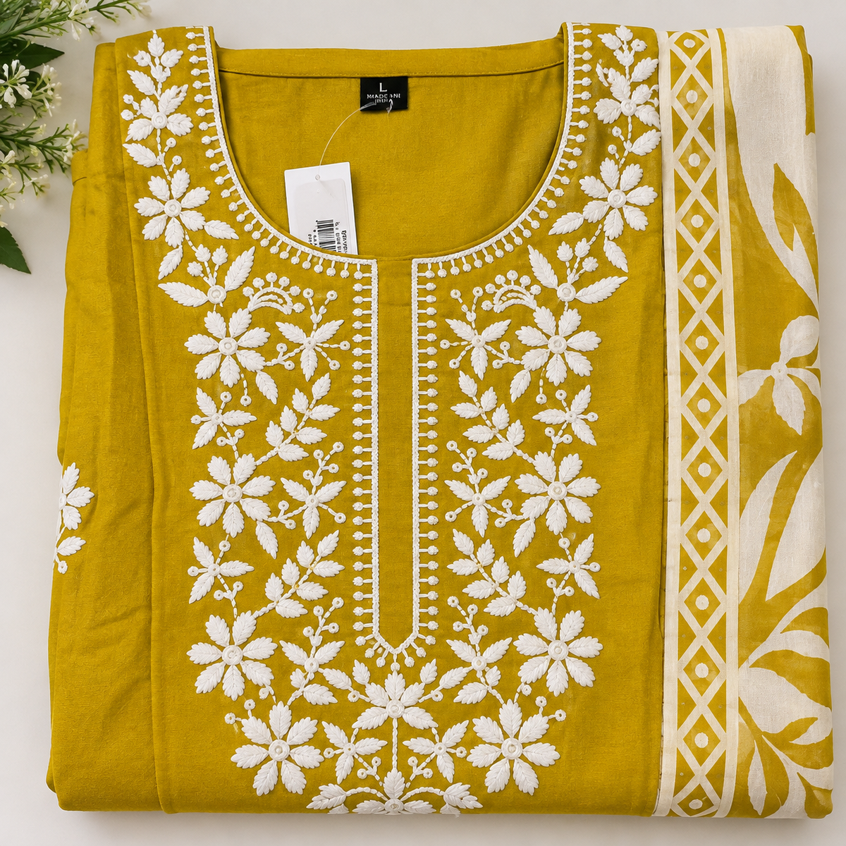 Mustard yellow Embroidered Rayon 3-Piece Kurta Dupatta Set