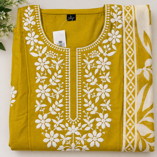 Mustard yellow Embroidered Rayon 3-Piece Kurta Dupatta Set