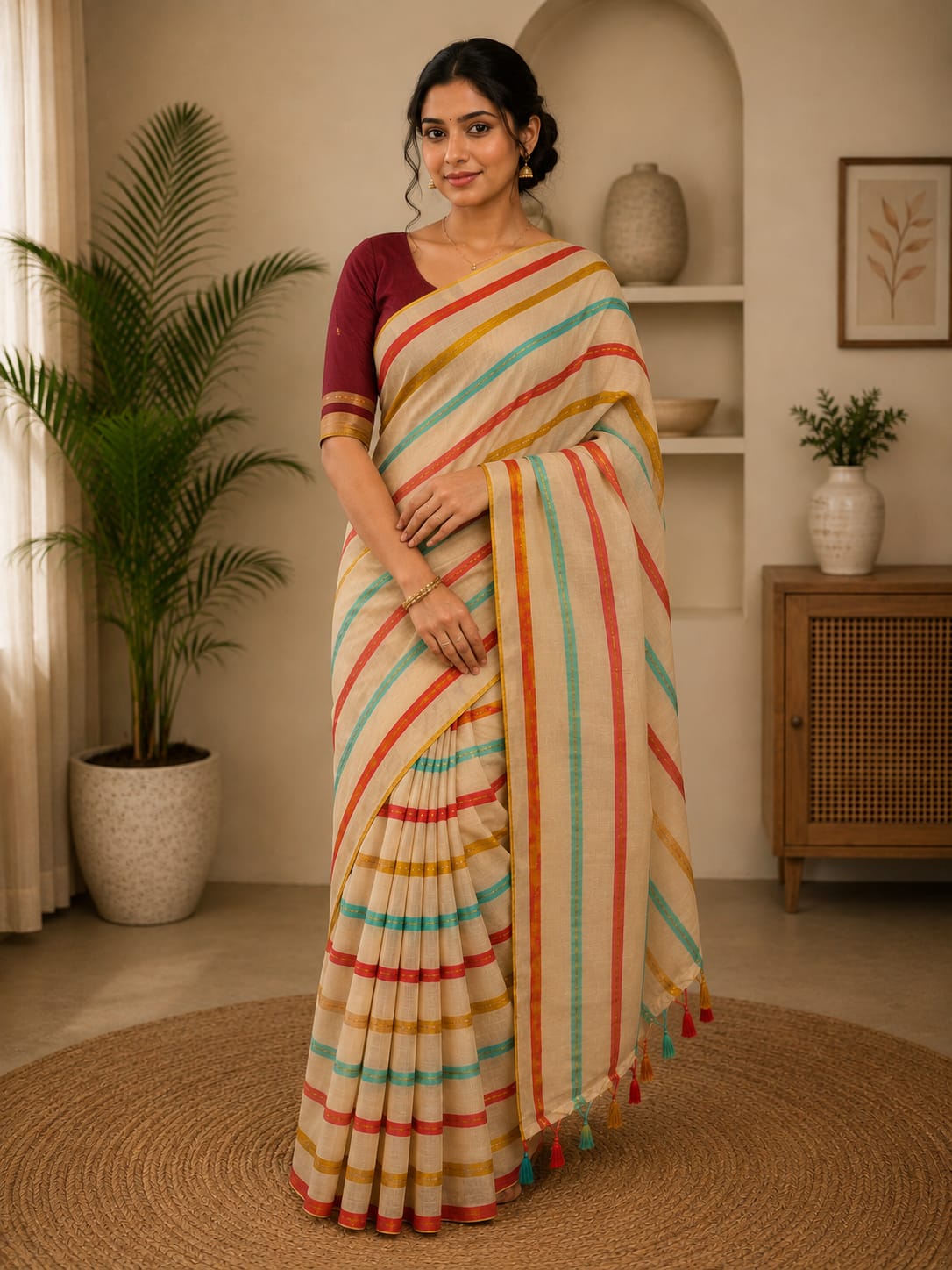 Beige Mul Cotton Saree with Multicolour Stripes