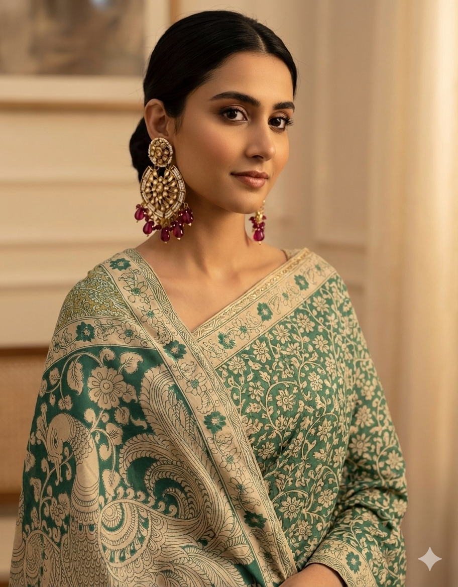 Moss Green Floral Mulmul Cotton Saree