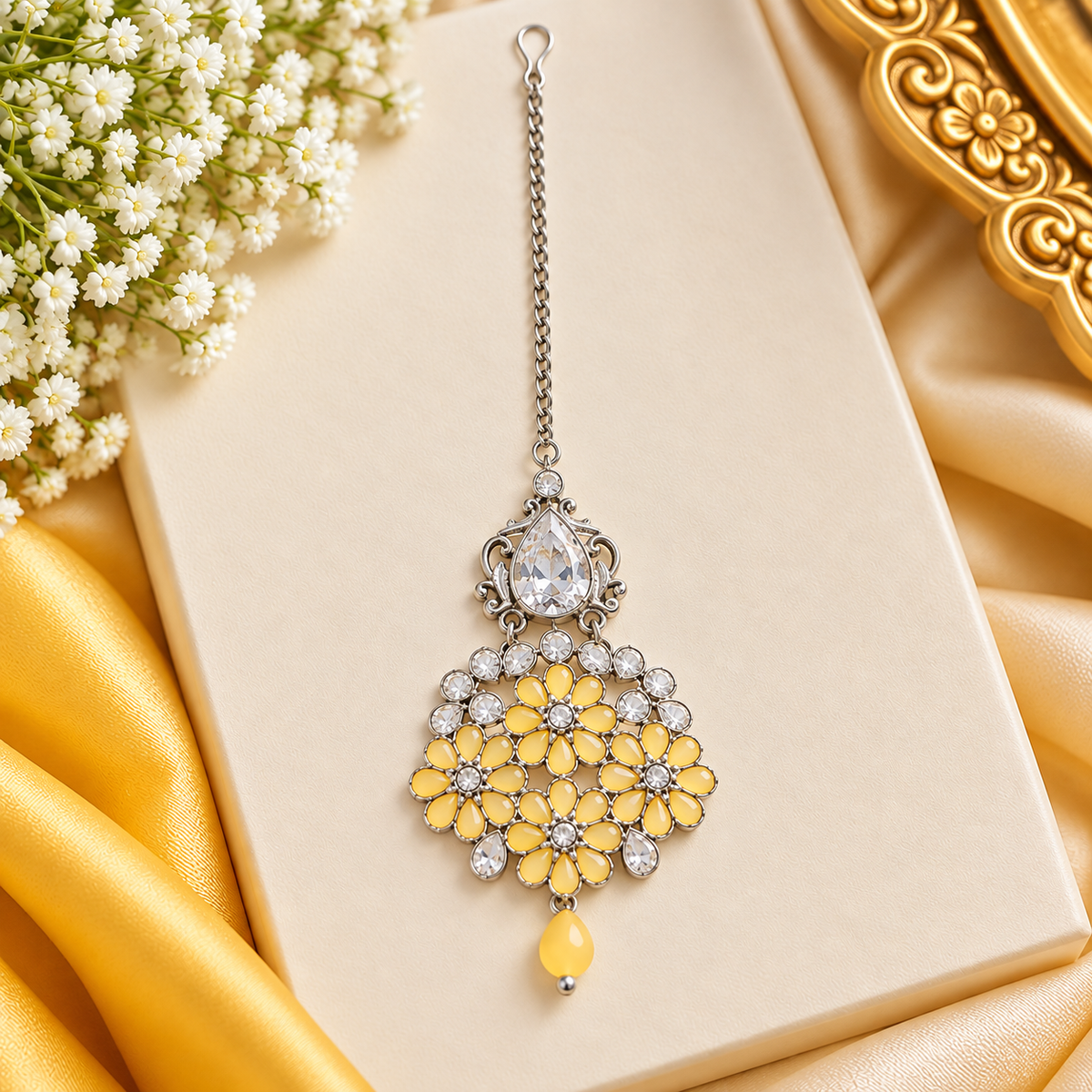 Pastel Yellow and Silver Maang Tikka – Indian Bridal Jewellery