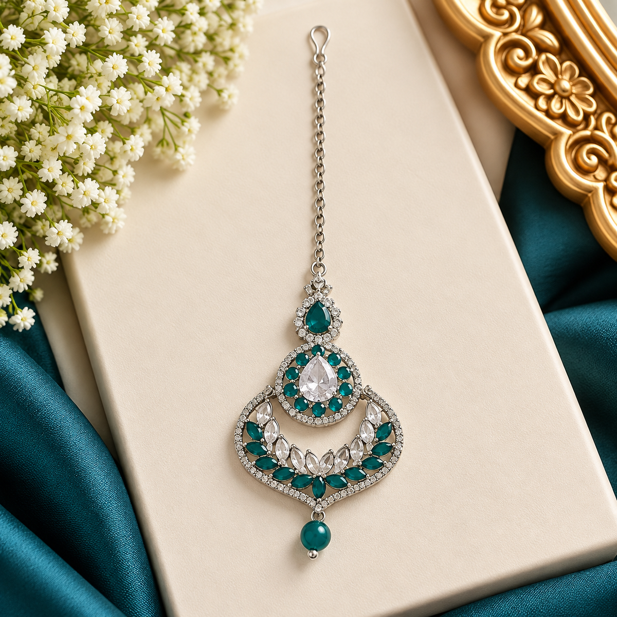 Teal Green and Silver Maang Tikka – Indian Bridal Jewellery
