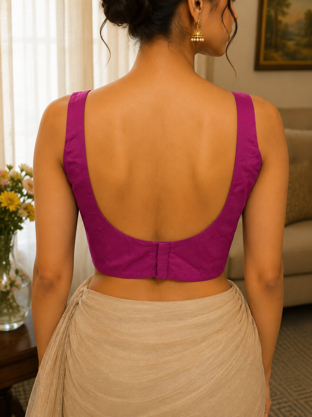 Magenta Purple Solid Cotton Silk Padded Sleeveless Blouse