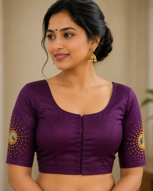 Kerala Dhavani Set with Fully Stitched Skirt & Front Hook Blouse – Cream & Purple | Kanal Collections Australia