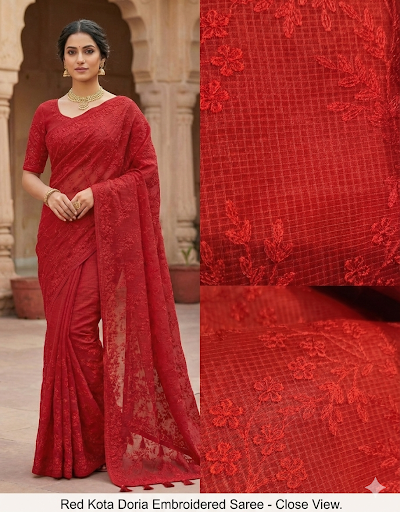 Crimson Red Kota Doria Embroidered Saree with Plain Stitched Blouse (Stitched in size 40, adjustable 38-46)