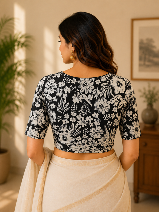 Classic Monochrome Floral V-Neck Cotton Blouse