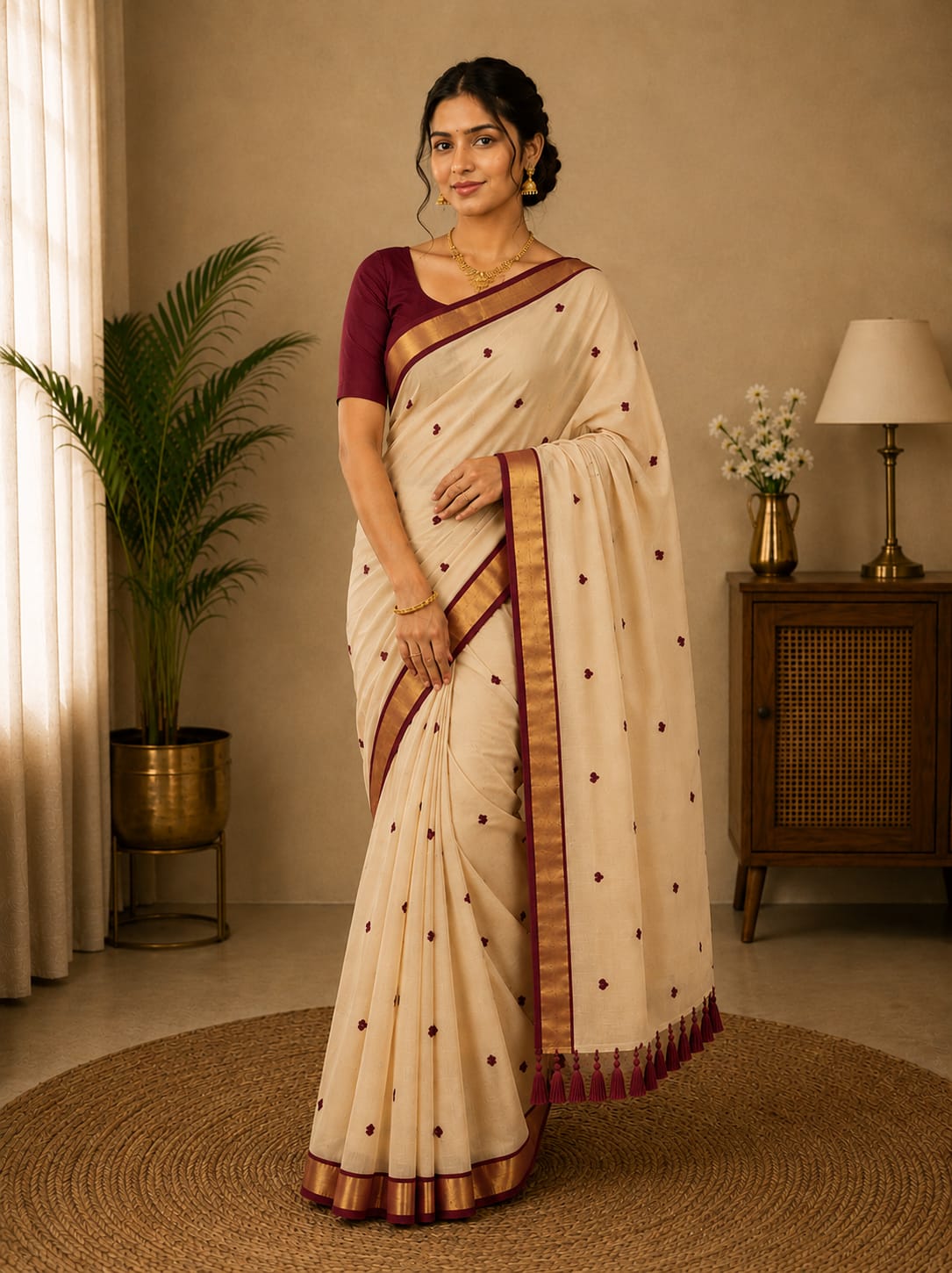 Beige Mul Cotton Saree with Maroon Clover Buttas