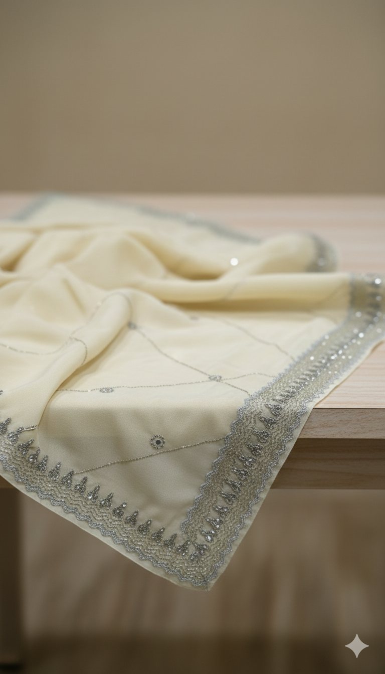 Ivory Soft Organza Saree with Handcrafted Beadwork