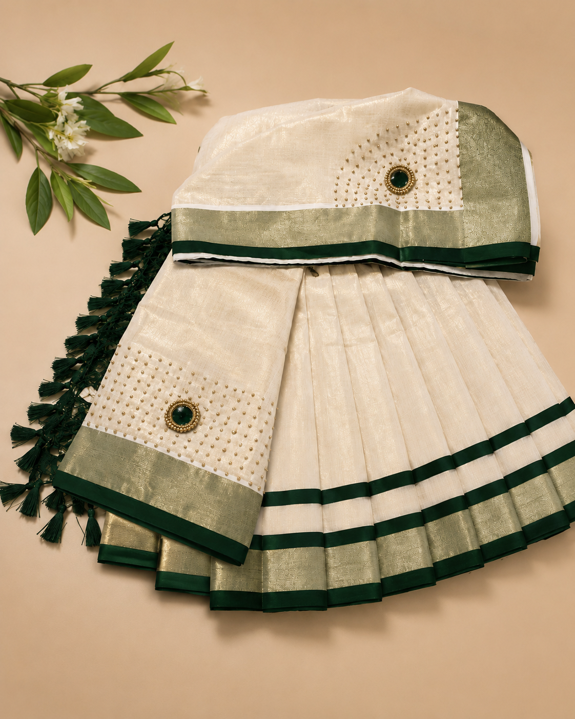 Bottle Green & Ivory Premium Dhavani Set | Fully Stitched Traditional Half Saree | Ready to Wear