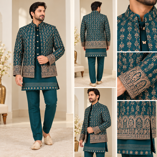 Teal Blue Men's Embroidered Kurta Set with Designer Jacket