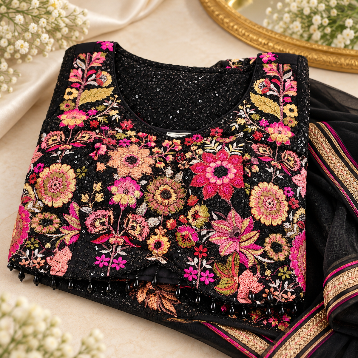 Black Floral Embroidered Lehenga Choli Set | Viscose Fabric | L–XL