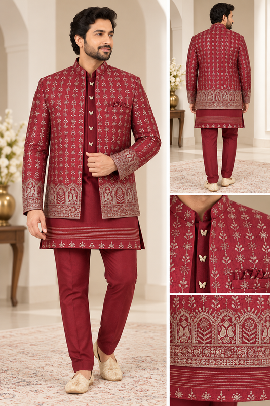 Men's Maroon Embroidered Kurta Set with Designer Jacket