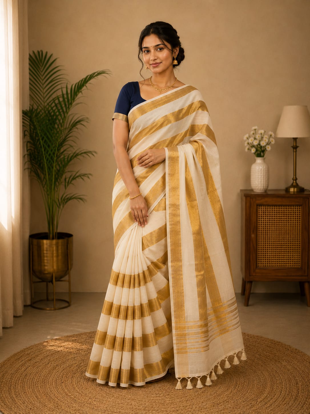 Off-White and Gold Striped Mul Cotton Saree