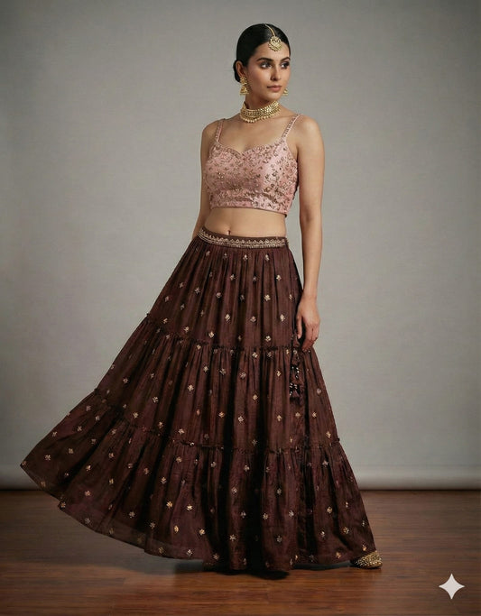 Chocolate Brown Tiered Lehenga Set with Embroidered Jacket