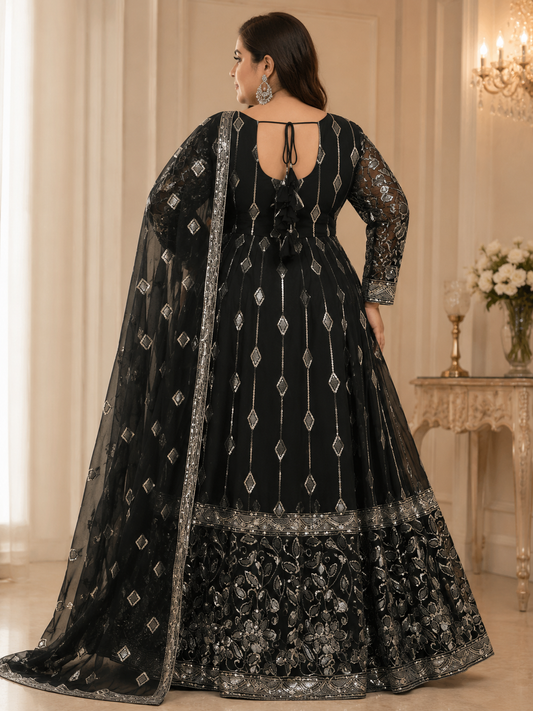 Back view of Kanal Collections deep green embroidered Anarkali suit in size XXL, showcasing a deep round neckline with traditional tie-up tassel latkans and a matching sheer net dupatta.