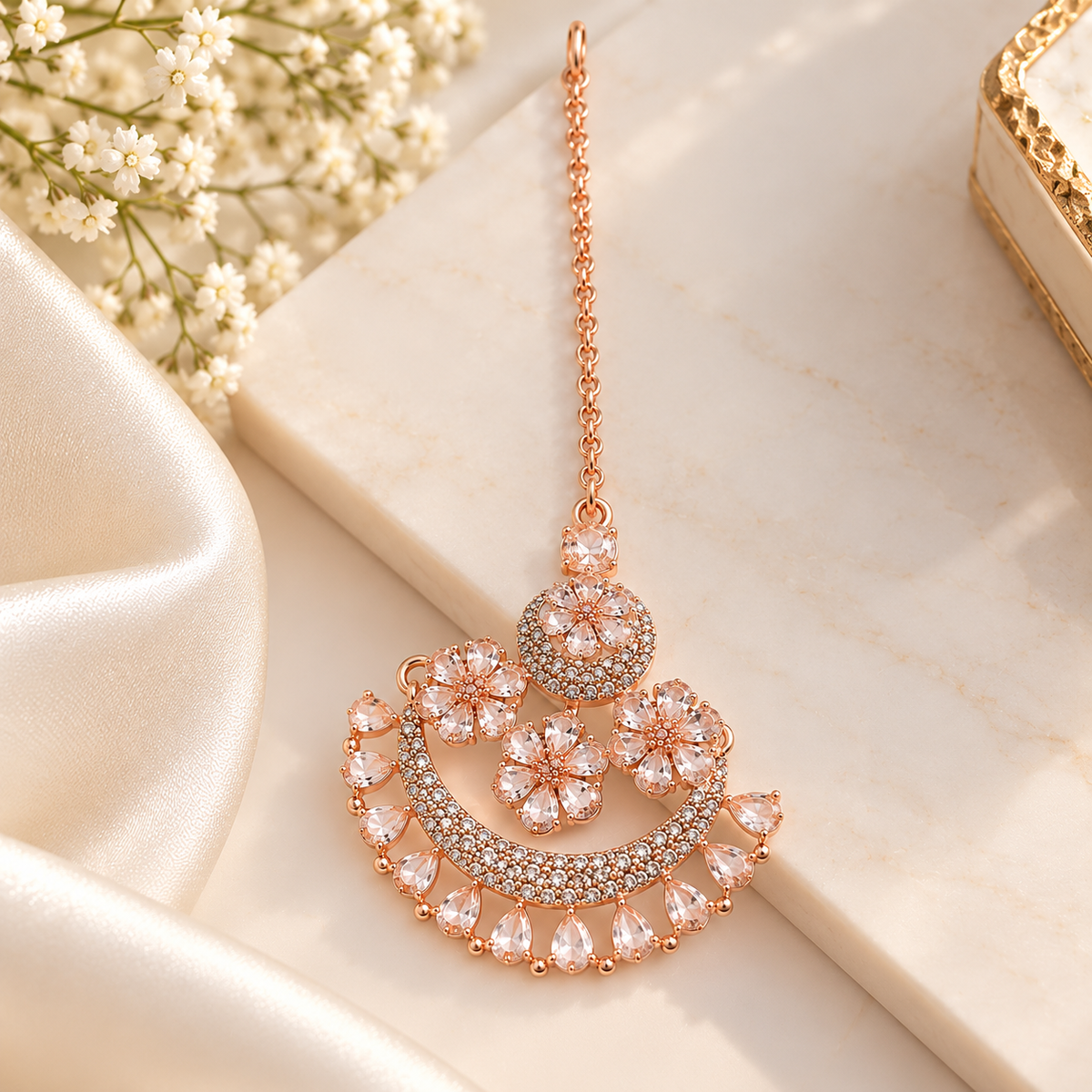 Rose Gold Floral Maang Tikka – Bridal & Party Wear Jewellery