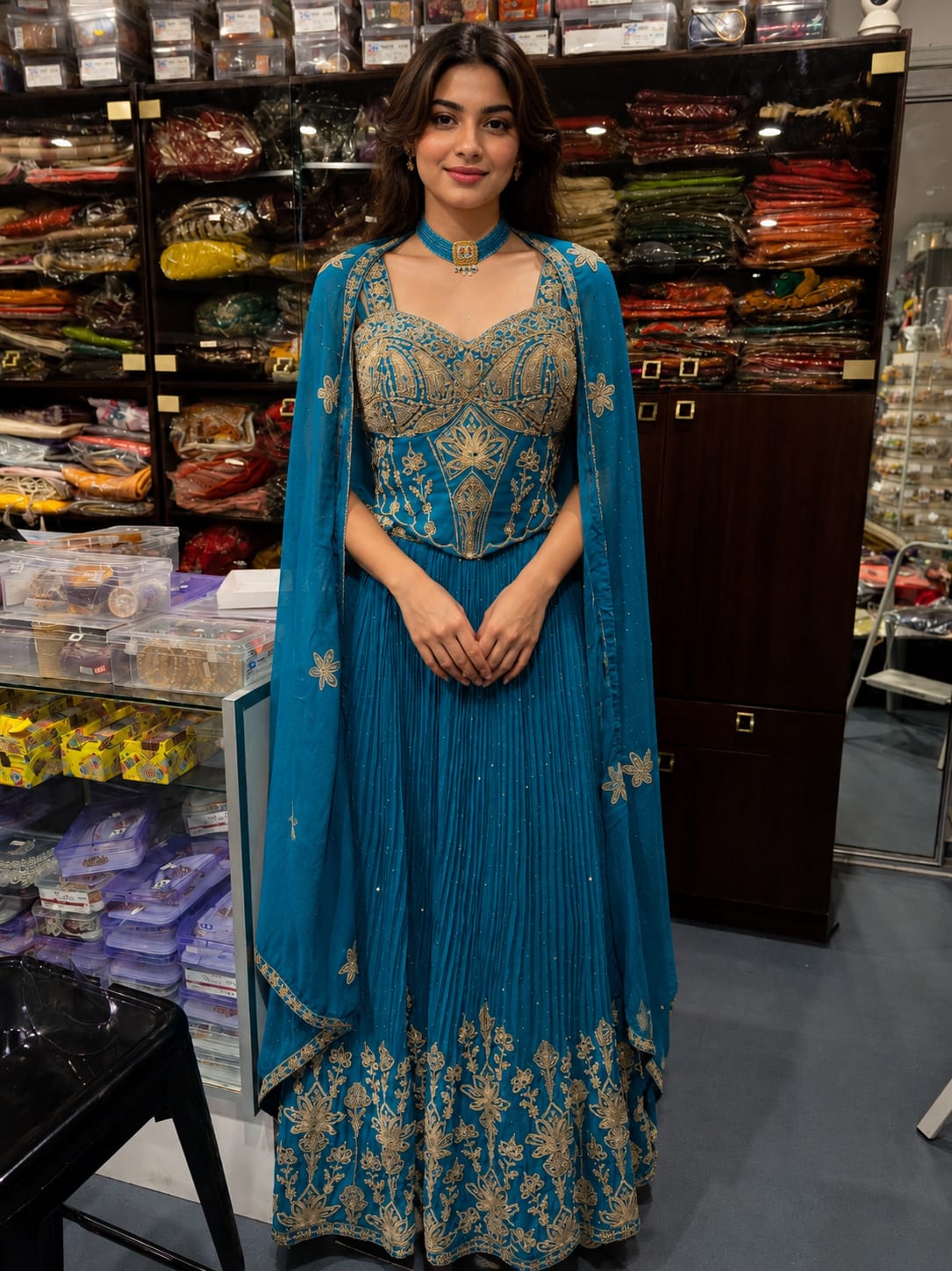 Peacock Blue Georgette Co-ord Lehenga Set with Longline Embroidered Corset Top